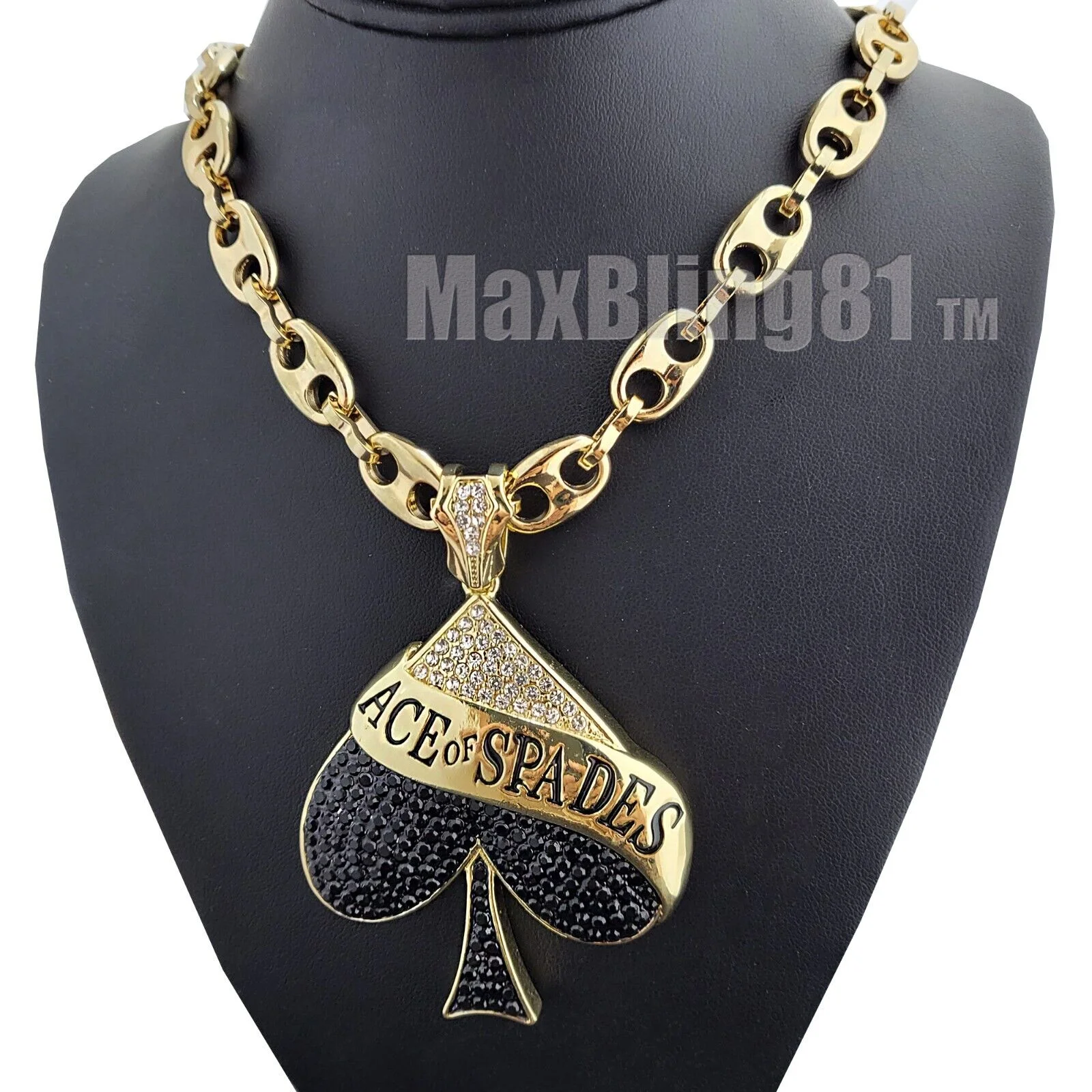 Icy Gold plated ACE OF SPADED Alloy Cubic Zirconia Charm & Marina Chain Necklace