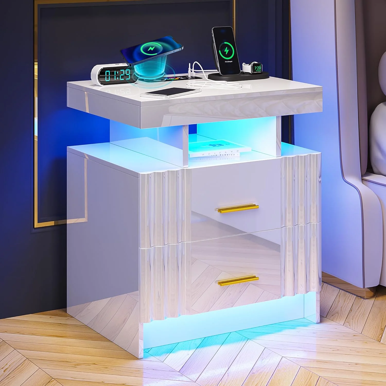 U-ToBe Nightstand with Charging Station, White LED Night Stand with 2 Drawers, High Gloss Bedside Table with Auto Sensor 24-Color Lights/Wireless/Type-C/USB Charging for Bedroom