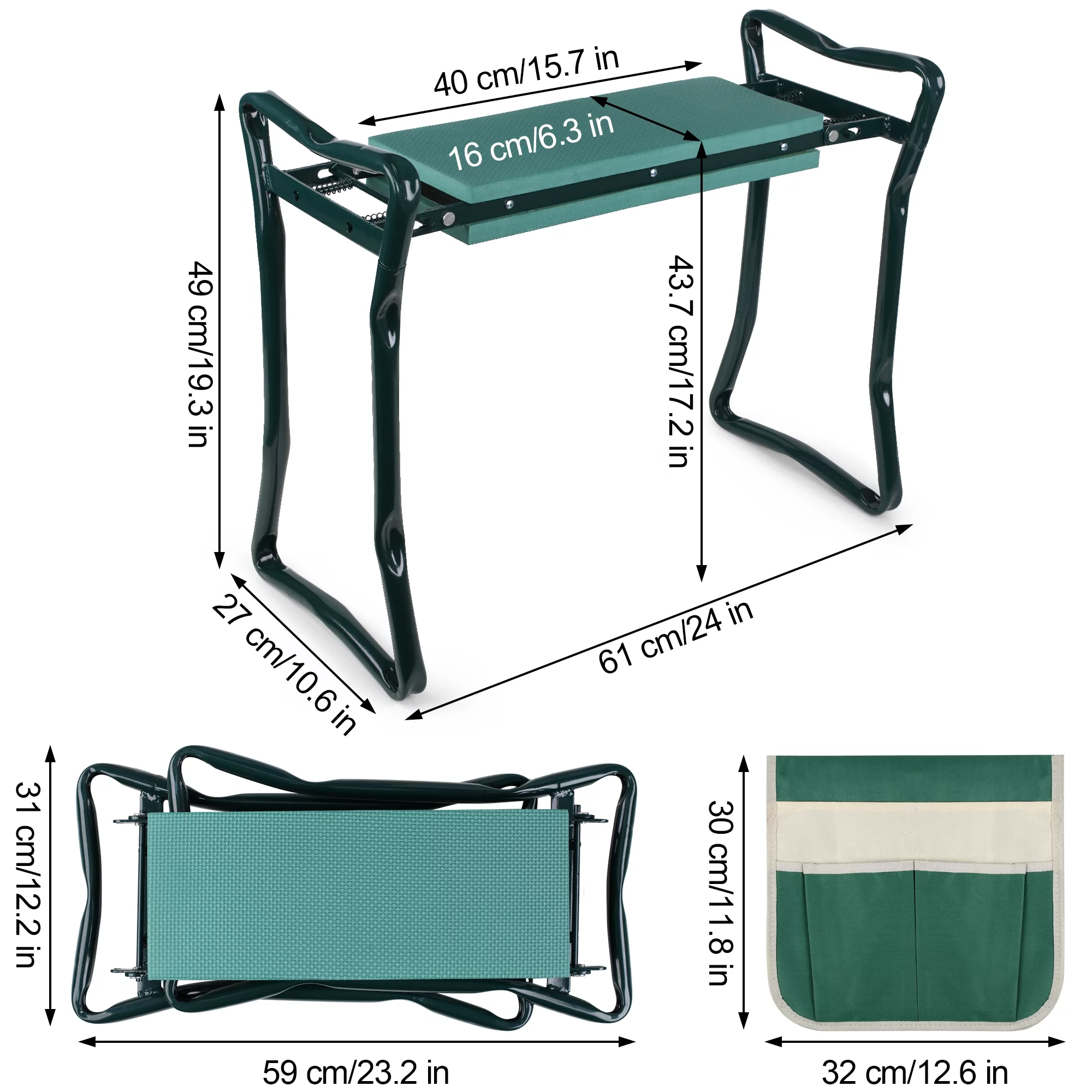 Folding Garden Kneeler Seat Bench With Stool Pouch, 2 in 1 Portable Garden Chair EVA Foam Pad for Gardening(Green)