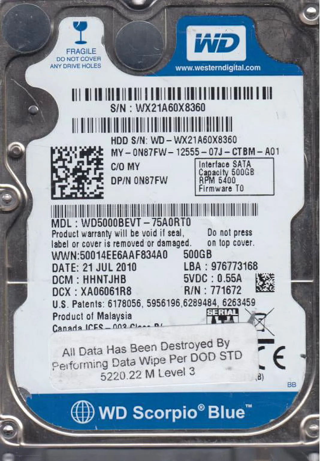 WD5000BEVT-75A0RT0, DCM HHNTJHB, Western Digital 500GB SATA 2.5 Hard Drive