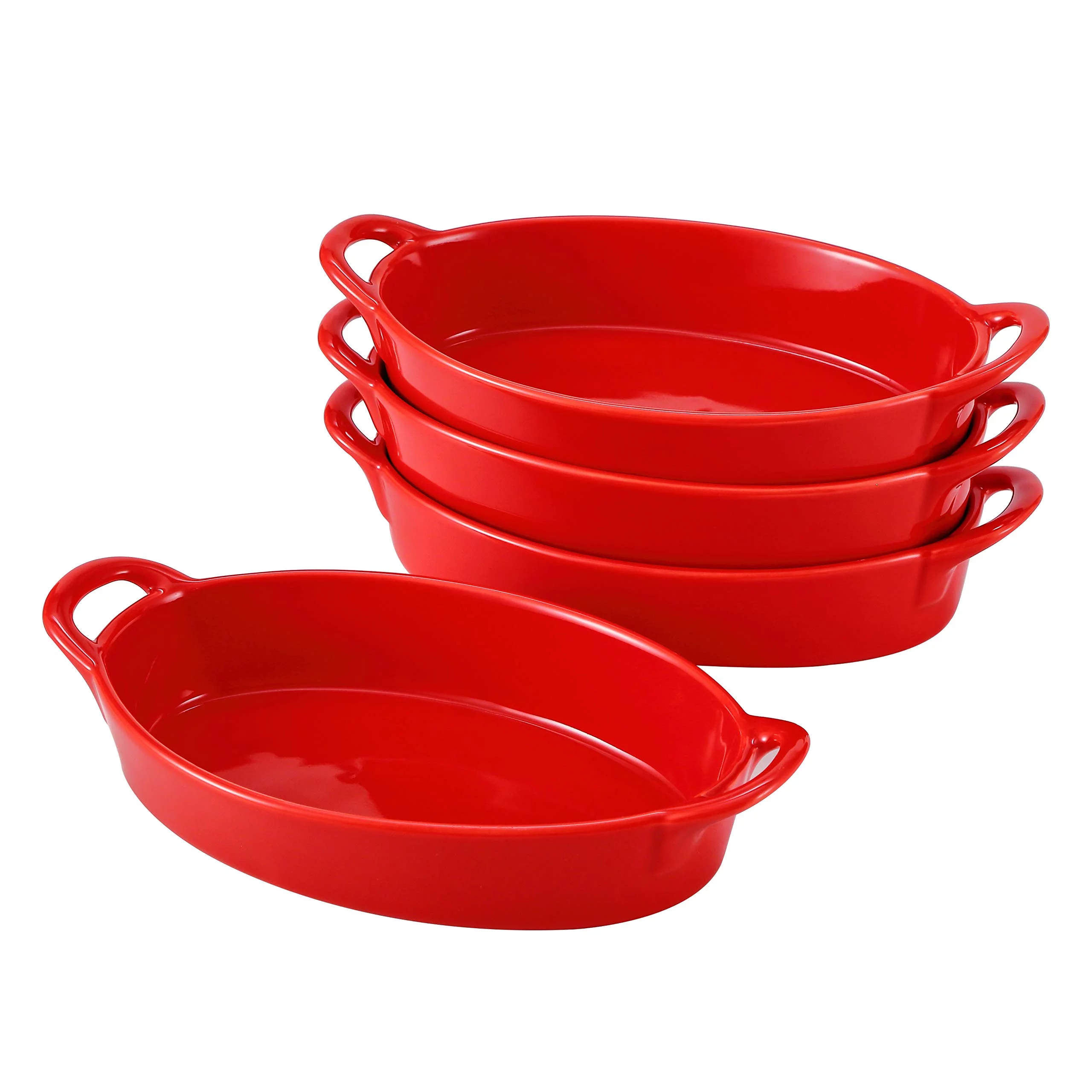 Bruntmor Set of 4 Oval Au Gratin Baking Dishes, Lasagna Pan, Porcelain Bakeware Ideal for Creme Brulee easy cary handles nice table Serving dish, Red