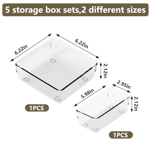 21 PCS Clear Plastic Drawer Organizer Set, 5 Sizes Acrylic Drawer Storage Trays Non Slip Storage Bins for Makeup, Jewelry, Gadgets for Kitchen, Bedroom, Bathroom, Office (21)