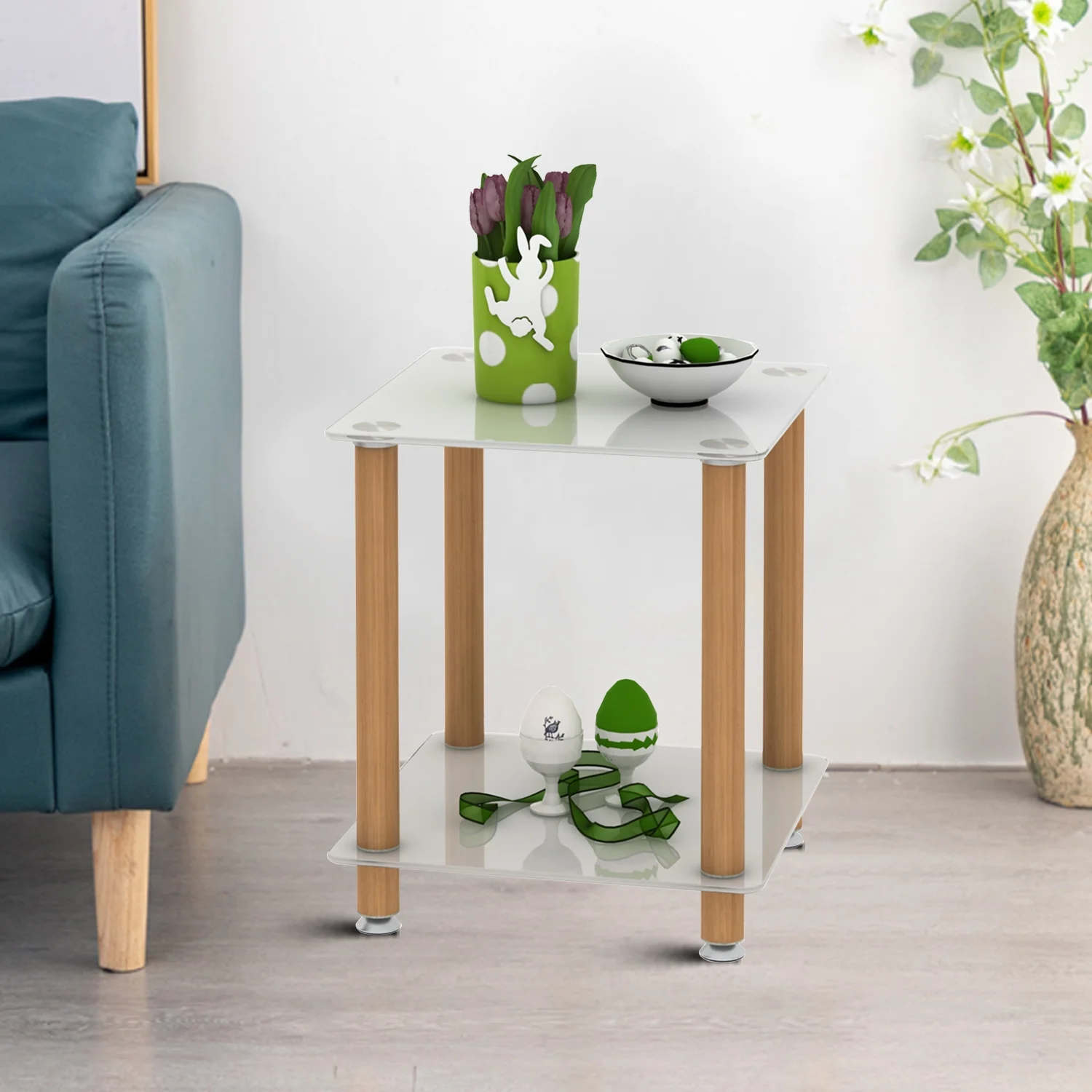 Modern Simple Style 2-Tier Square Side Table Set of 2 with Glass Shelves and Wheels for Living Room and Bedroom, White Oak