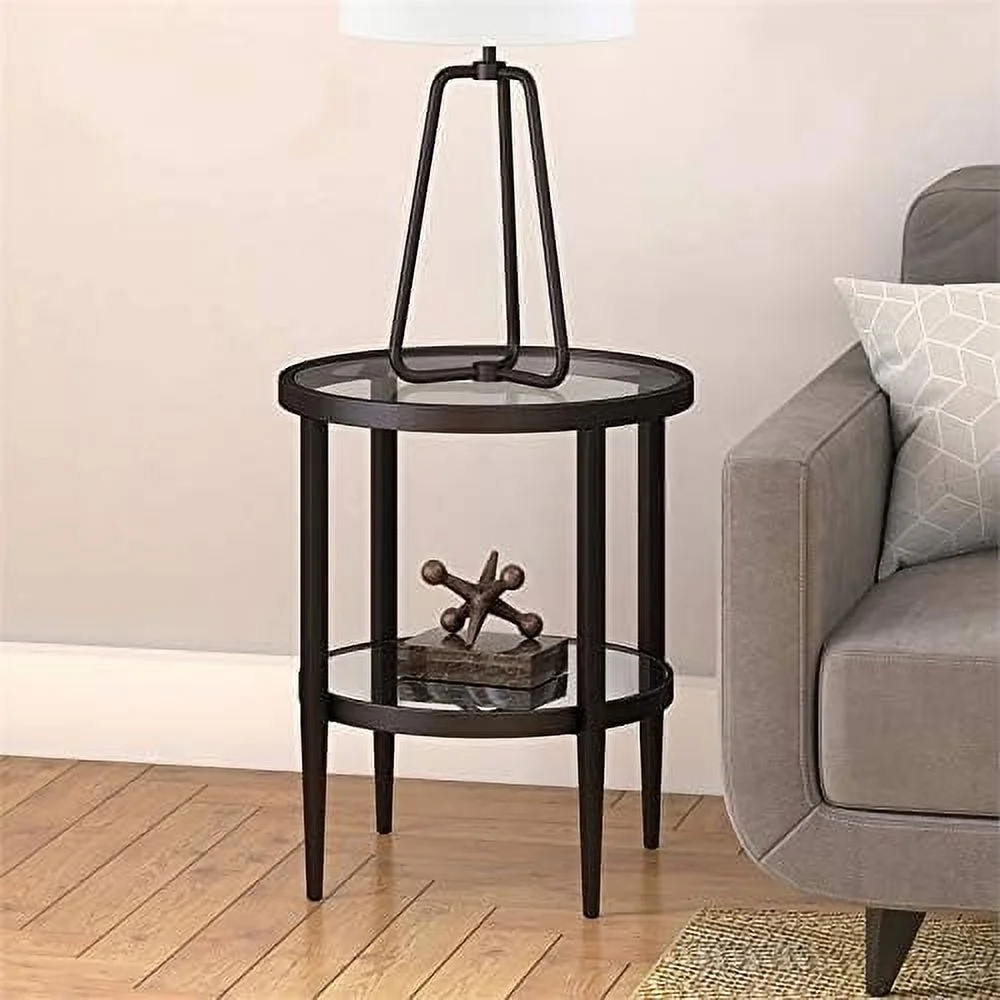 Double Shelf Round Modern Metal Side Table In Black