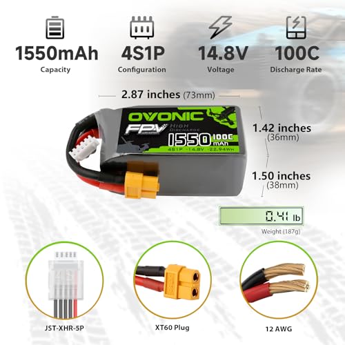 OVONIC 4s Lipo Battery 100C 1550mAh 14.8V Lipo Battery with XT60 Connector for RC FPV Racing Drone Quadcopter(2 Packs)