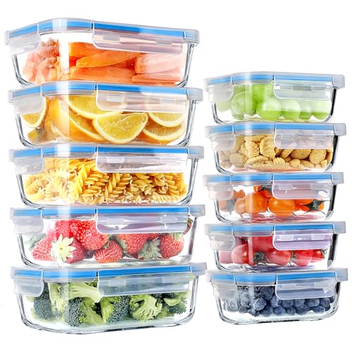 10 Packs Glass Food Storage Containers with Lids, Glass Meal Prep Containers, Airtight Glass Lunch Containers, Freezer & Microwave Friendly