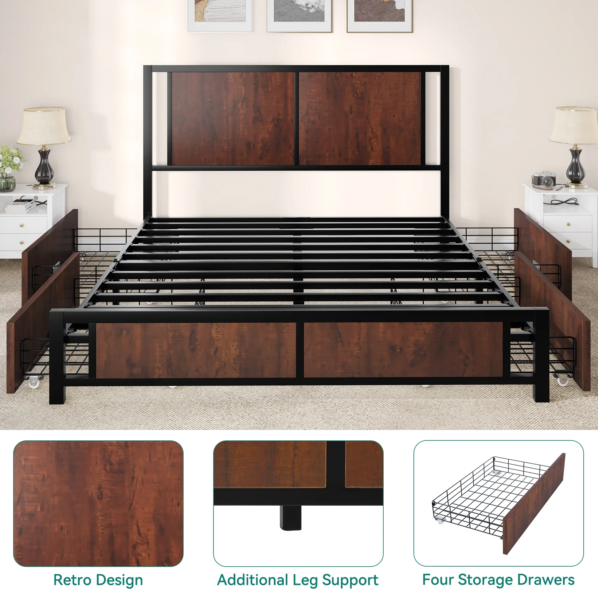 Dextrus Queen Size Bed Frame, Metal Platform Bed with 4 Drawers, Rustic Wooden Storage Bed Frame Mattress Foundation No Box Spring Needed, Vintage Brown