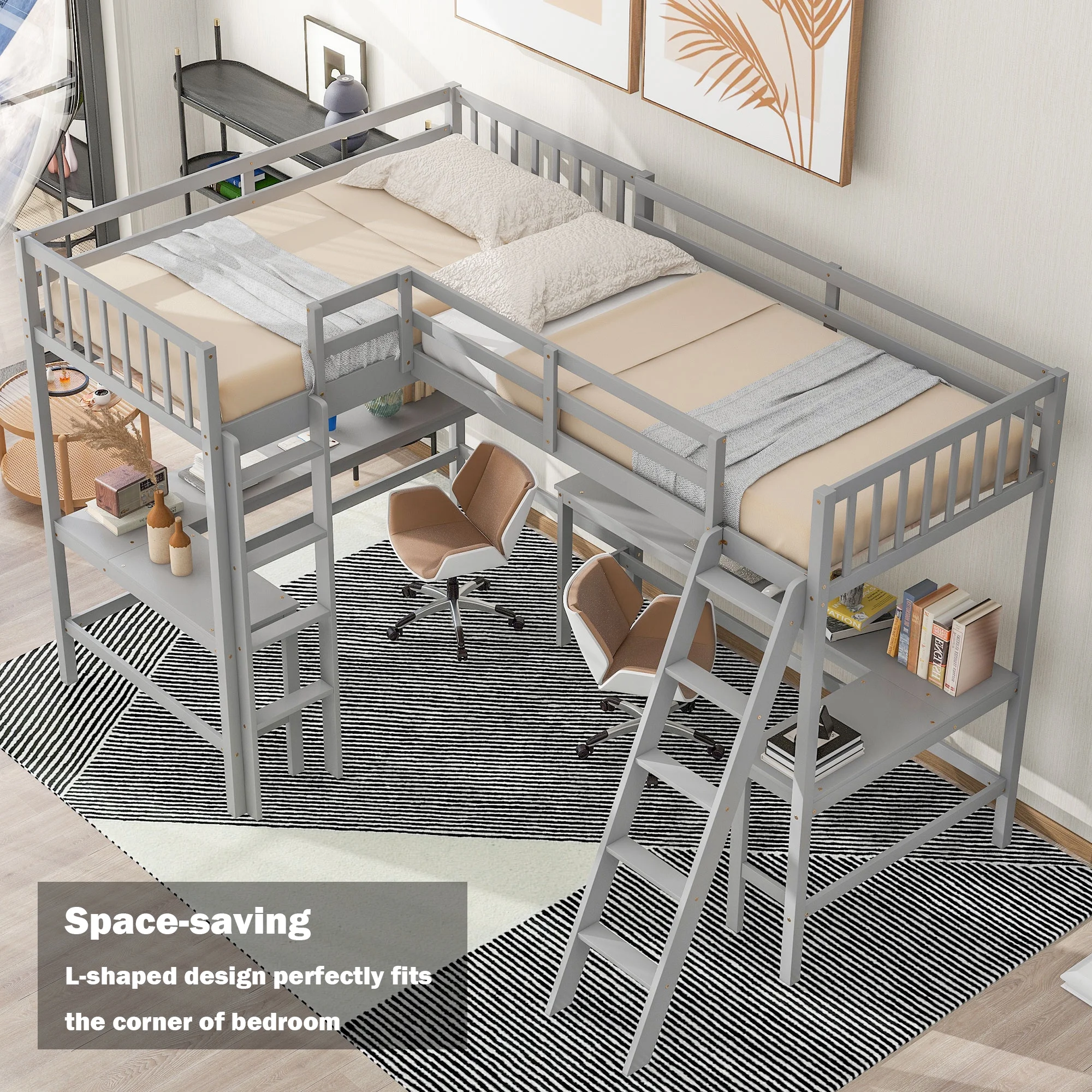 Bellemave L-Shaped Loft Bed with L-shaped Desk Twin Size Loft Bed with Desk for 2 Wood Corner Twin Beds with Ladder and Guardrails for Kids, Teens, No Box Spring Needed (Gray)