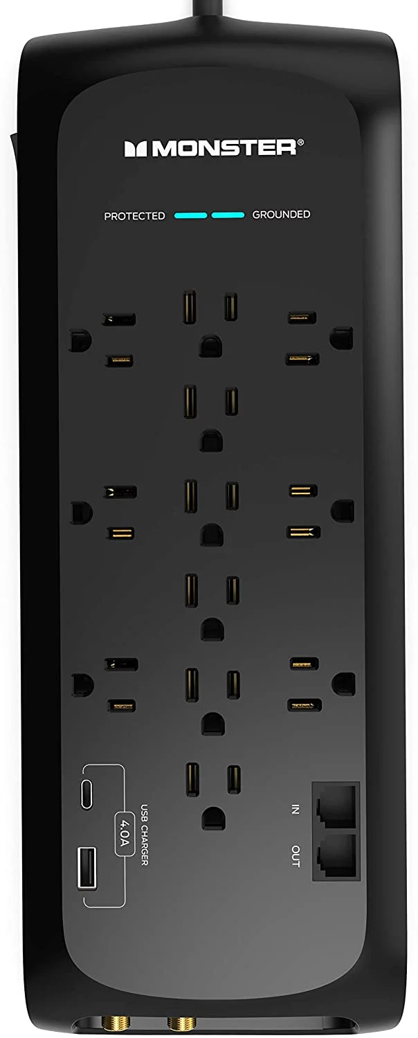 Monster 6ft Black Power Strip and Tower Surge Protector, Heavy Duty Protection with 4050 Joule Rating, 12 120V-Outlets, 1 USB-A, and1 USB-C Ports - Ideal for Computers, Home Theatre, Home Appliances,