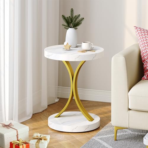 YITAHOME Round End Tables, Modern Gold Round Side Table with Faux Marble Top and Gold Metal Frame, Small Accent Table Nightstand for Living Room Bedroom, Faux Marble White, Set of 2