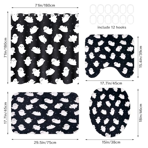 4Pcs Christmas Shower Curtain Set - Merry Christmas Bathroom Set Holiday Shower Curtain with Non-Slip Rugs, Toilet Lid Cover and Bath Mat