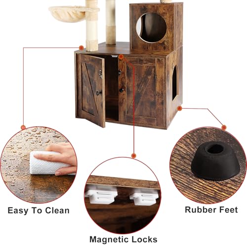 Cat Tree Tower with Litter Box Enclosure, 2-in-1 Wooden Cat Condo with Sisal Scratching Post, Hammock, Brown