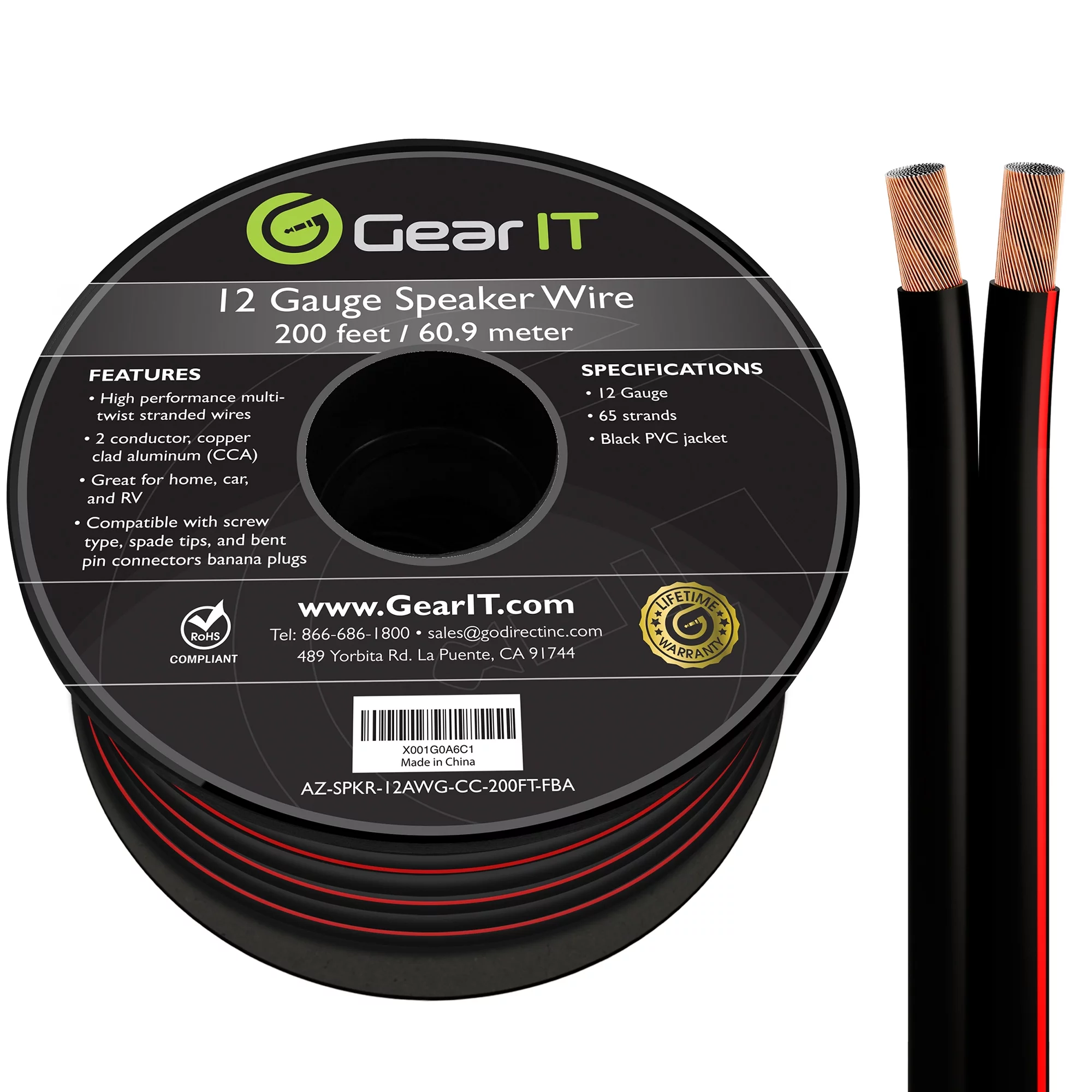 GearIT Pro Series 12 Gauge Speaker Wire Copper Clad Aluminum CCA Audio Cable, Black 200 ft
