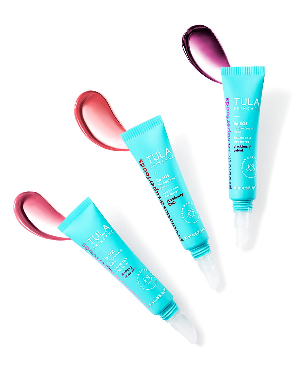 TULA Skin Care Lip SOS - Lip Treatment Balm that Plumps, Smooths & Hydrates lips with a Glossy Tint, Nude Pink, Rose Pink, Sunset Berry, 3 count - 0.28 oz.