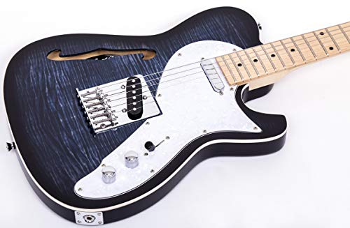 Grote Electric Guitar Semi-Hollow Body Single F-Hole Printed Tele Style Guitar Full-Size Basswood with Canadian Maple neck Chrome Hardware Picks (Blue)