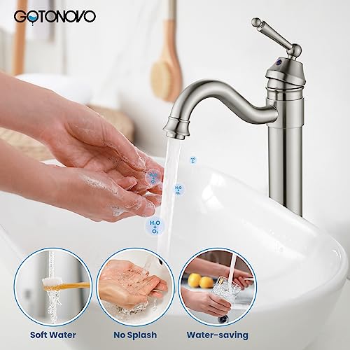 gotonovo Bathroom Vessel Sink Faucet Single Handle Brass Long Reach Bathroom Faucet 1 Hole Deck Mounted Mixer Tap with Pop Up Drain Brushed Nickel