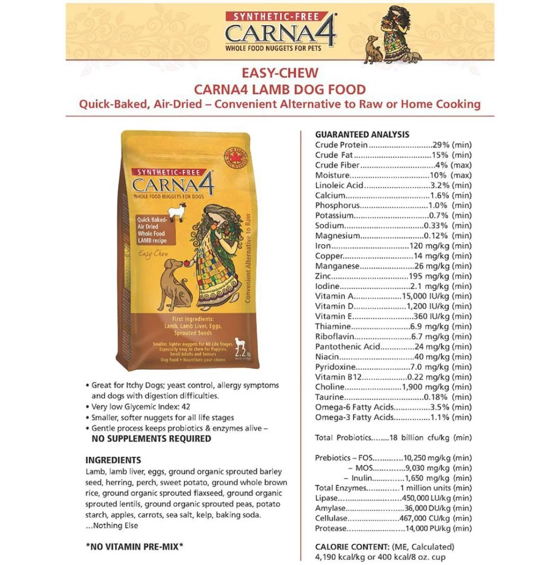 Carna4 Lamb Easy-Chewy Lamb Hand Crafted Dry Dog Food 20 lb.