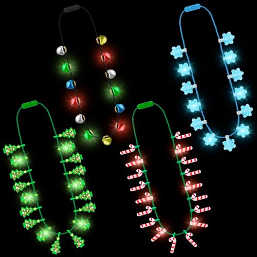4PCS Christmas Light Up Necklace, 3 Modes Xmas Accessories with Bell Tree Candy Cane Snowflake Designs, Vibrant Bulbs Festive Party Supplies, Christmas Necklace for Ugly Sweater Party Favors