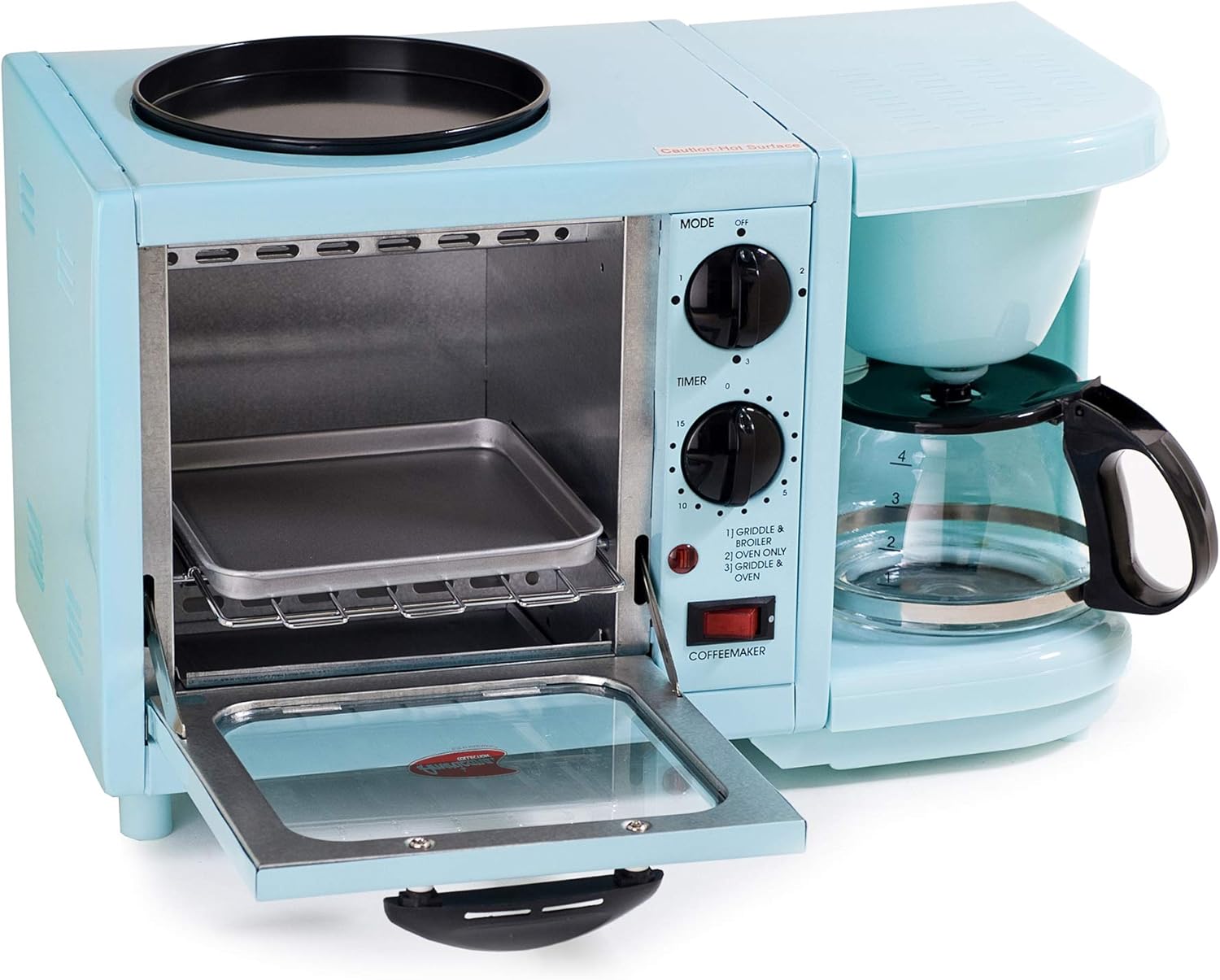 Americana EBK-200BL Retro Nostalgia 3-in-1 Breakfast Maker Station, 4 Cup Coffeemaker, Toaster Oven with Timer, Griddle, Aqua