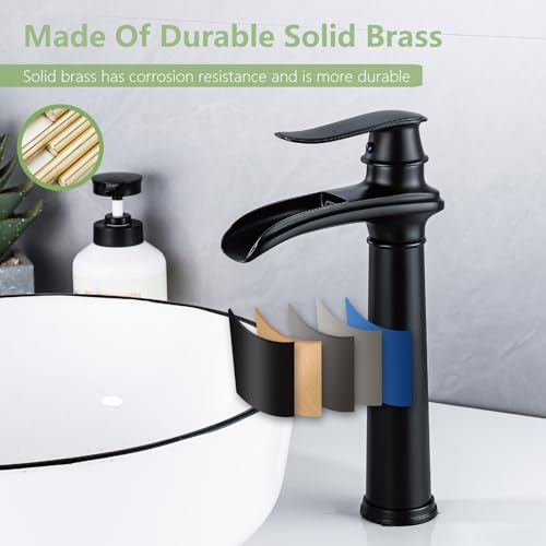 Bathroom Vessel Sink Faucet, Waterfall Oil Rubbed Bronze Bathroom Faucet, Vessel Faucet, Tall Body 1 Hole Single Handle with Pop Up Drain Combo Vanity Mixer Tap Basin Bowl Sink