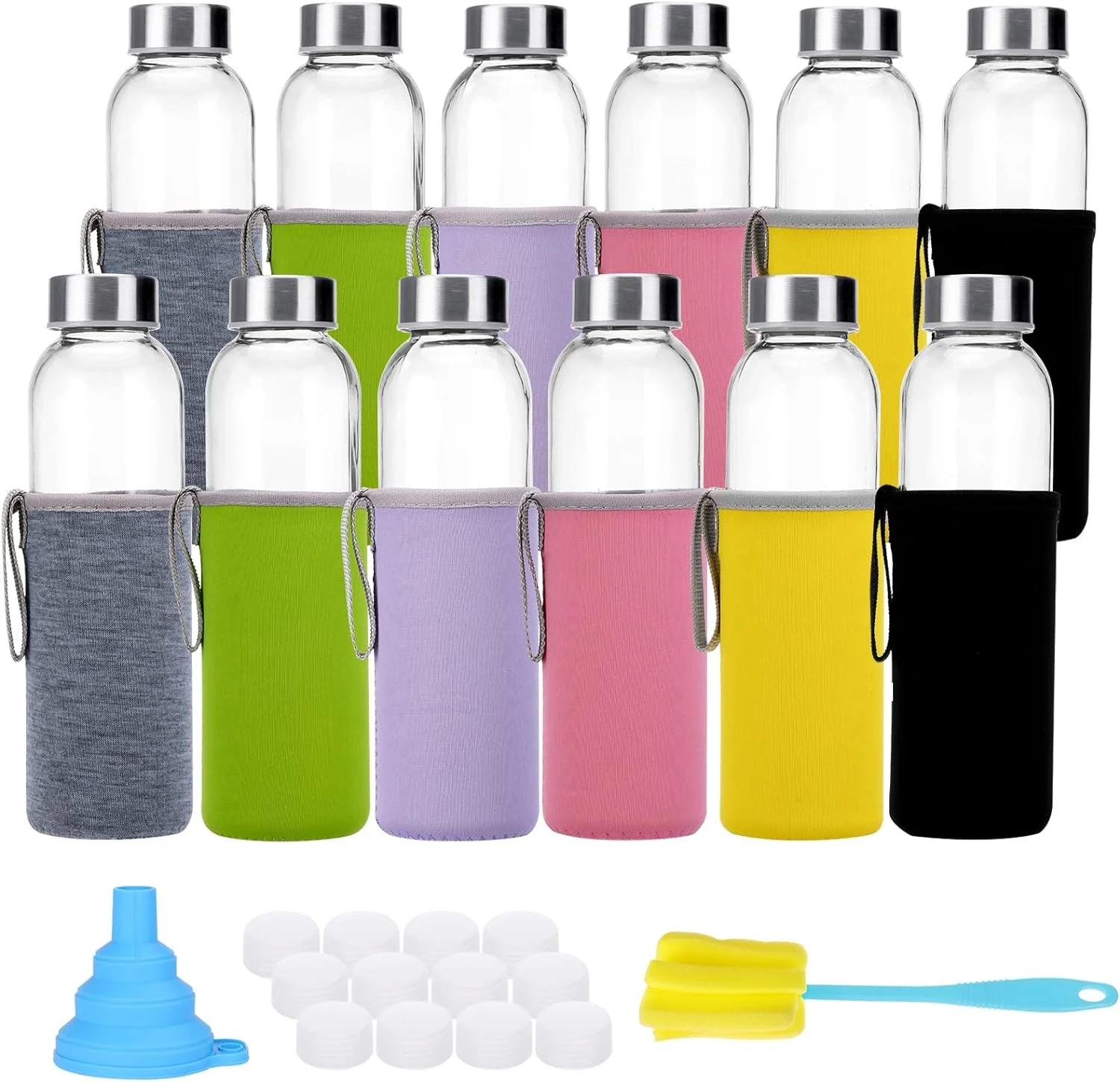 Fairy 12Pcs Glass Water Bottles with Sleeves and Stainless Steel Lids, Reusable Glass Juice Bottles Bulk, 18oz, Clear