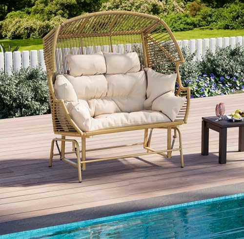 ECOTOUGE Indoor Outdoor Oversized Loveseat, Patio Double Egg Chair, 2-Person Extra Large Rattan Lounge Rocking Glider Chairs w/Pillow and Thicken Padded Cushions for Garden Balcony Sunroom, Grey