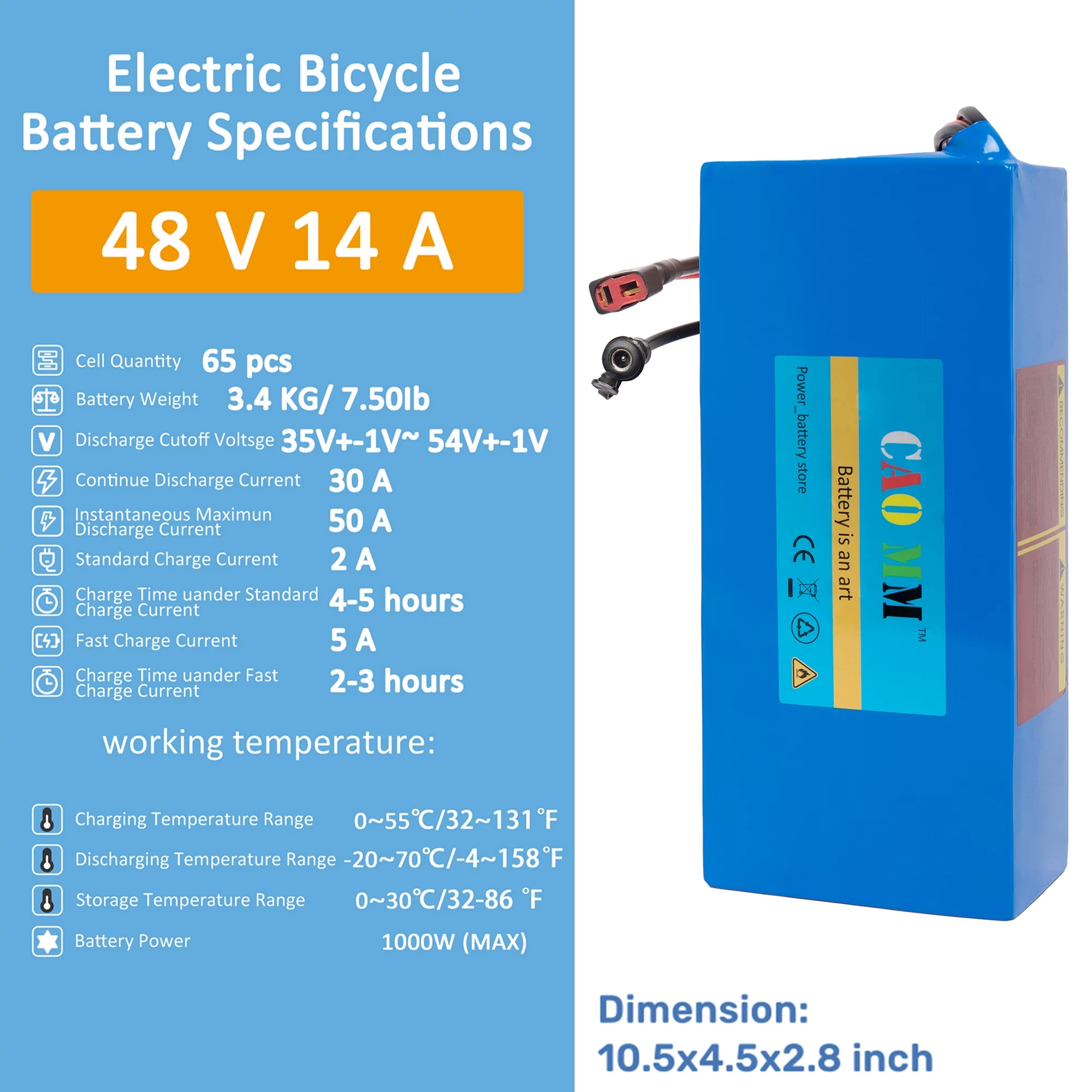 Ebike Battery 48V 14Ah Lithium Battery with 5A Fast Charger T Plug 48V Battery for 1200W Electric Bike