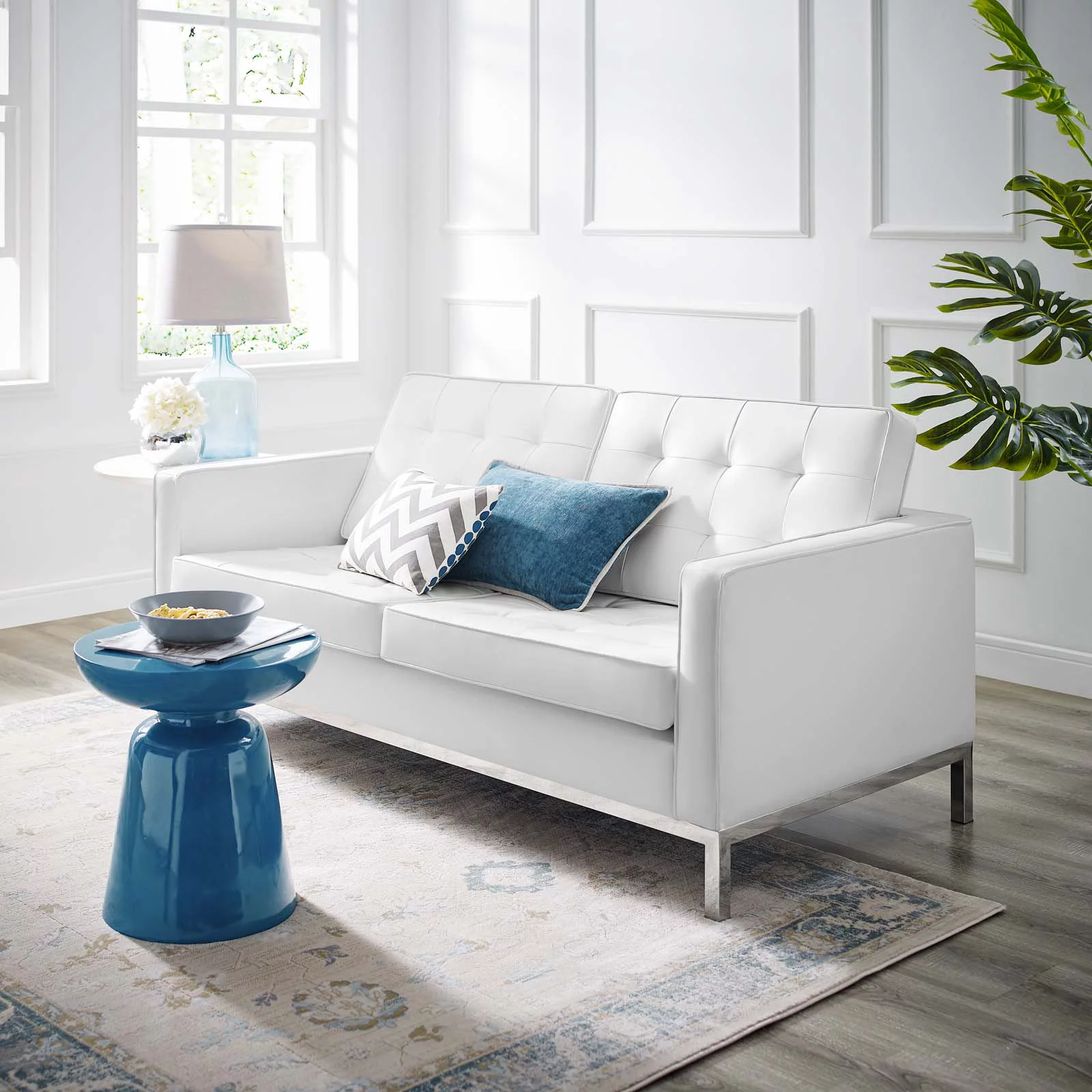 Contemporary Modern Urban Designer Living Room Lounge Club Lobby Loveseat Sofa, Faux Vinyl Leather, White