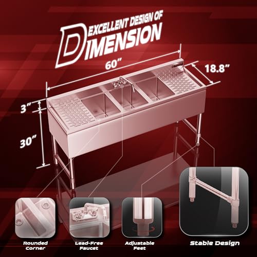 DuraSteel 3 Compartment Under Bar Sink - CEC & NSF 304 Stainless Steel 3 Bay Utility Sink with No Lead Faucet - 60