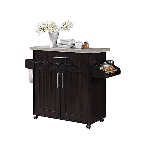 Hodedah Rolling Wood Kitchen Island Cart with Spice Rack, Towel Rack, Utensil Drawer plus Cabinet, White with Beech Top