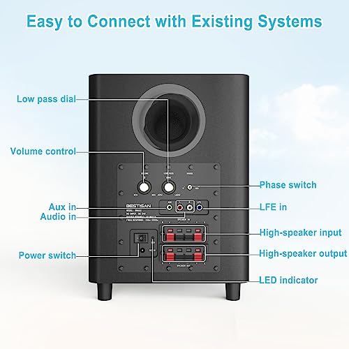 BESTISAN Powered Subwoofer, Deep Bass Sub, Down Firing Subs, Easy Setup with Home Theater System, Receiver, Speakers, Coaxial Cable Included, RCA, LFE, AUX Input, High-Level Speaker Input & Output