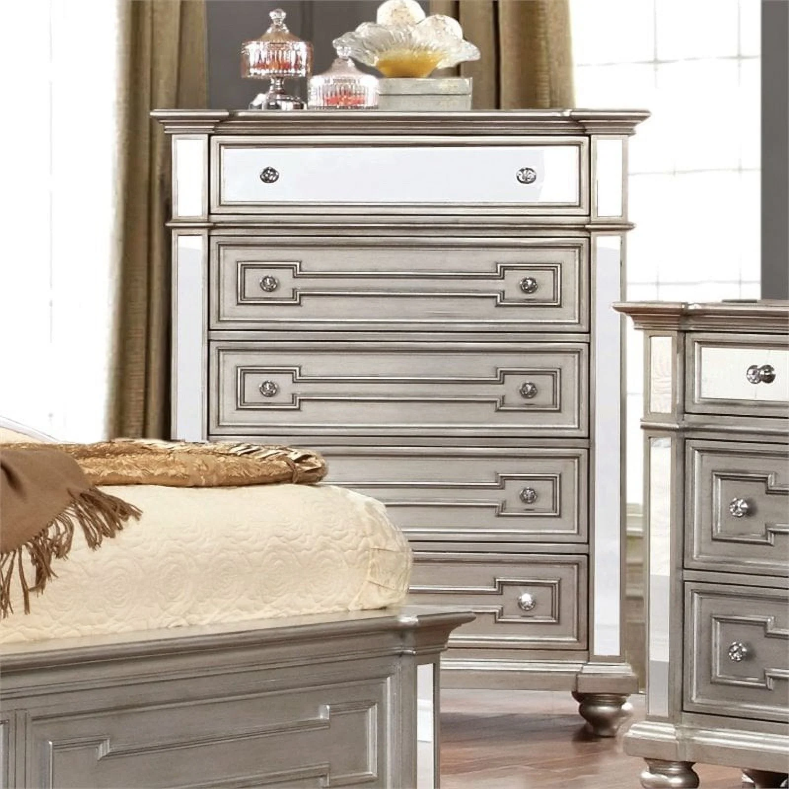 Bowery Hill 5 Drawer Mirrored Chest in Silver