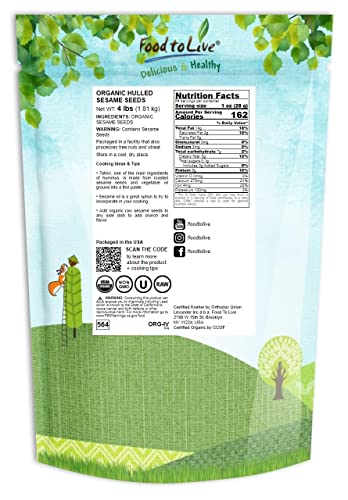 Food to Live Organic Hulled Sesame Seeds, 1 Pound – Whole Raw White Sesame Seeds, Non-GMO, Kosher, Vegan, Unroasted, Bulk. High in Iron, and Calcium. Perfect for Tahini Paste, Stir-fries, and Salads.