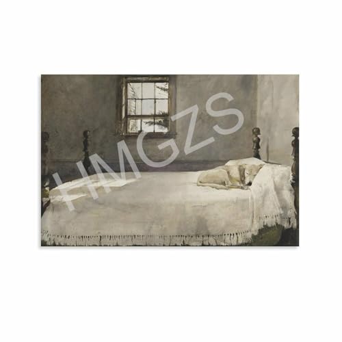 SDFWETGX Master Bedroom, Andrew Wyeth 1965 Dog Lying on Bed Realistic Vintage Wall Decoration Poster Canvas Painting Wall Art Poster for Bedroom Living Room Decor 24x16inch(60x40cm)