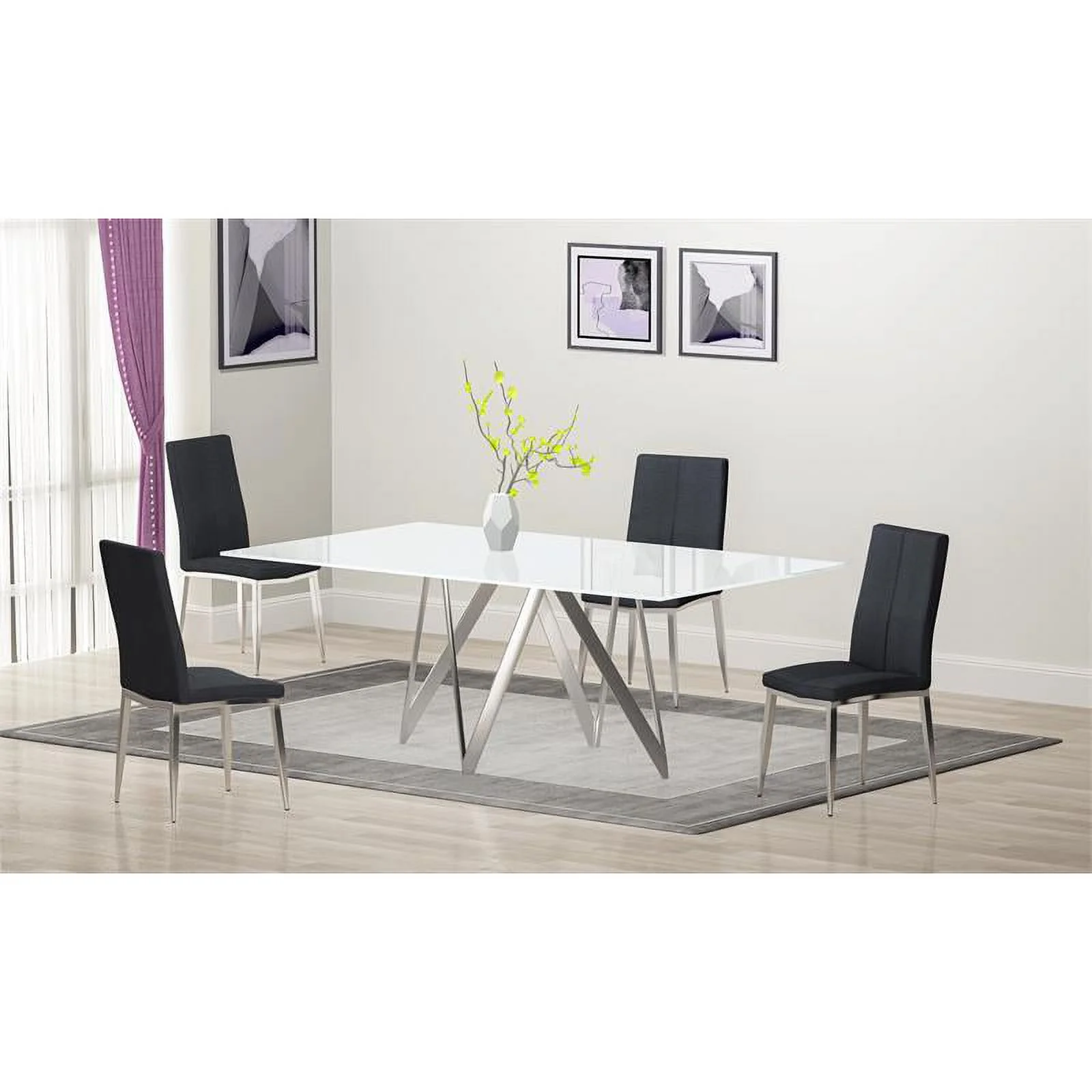 Milan Adella White Glass 5-Piece Dining Set w/ 4 Ash Faux Leather Chairs