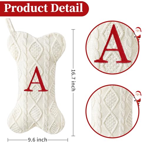 Malier Dog Christmas Stocking with Initials, Letter A Embroidered Knit Christmas Stocking for Dogs, White Large Bone Shape Xmas Pet Stockings Hanging Stocking for Dogs Cats Pets (White, Letter-B)