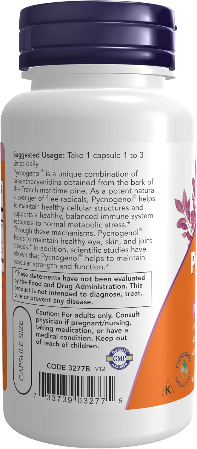 NOW Supplements, Pycnogenol 60 mg (a Unique Combo of Proanthocyanidins from French Maritime Pine) with Acerola & Rutin Powder, 50 Veg Capsules
