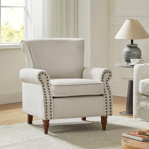 HULALA HOME Modern Accent Chair with Wooden Legs & Nailhead Trim, Small Fabric Club Chair, Comfy Upholstered Armchair Lounge Chair for Bedroom Living Room Single Sofa(Ivory)