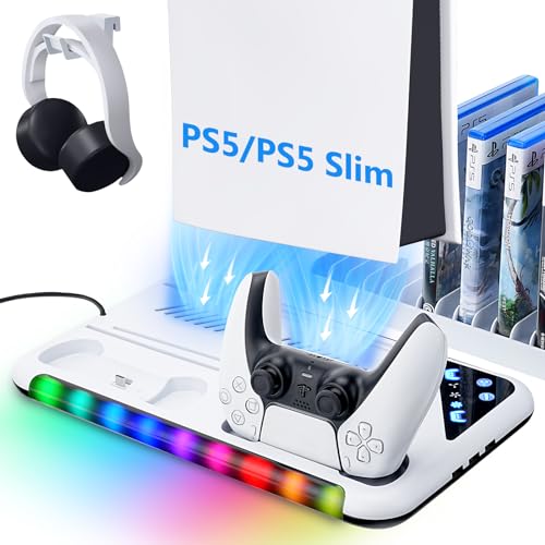 Allnice PS5 Slim Stand and Cooling Station with Controller Charging Station for PlayStation 5, PS5 Accessories with 3 Levels Cooling Fan, RGB LED Light, 3 USB HUBs, Headset Holder, 13 Game Storage