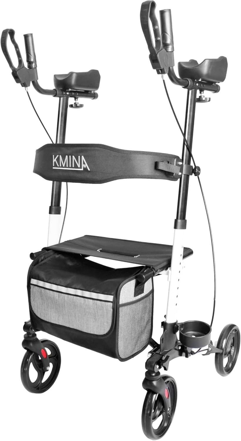 KMINA - Upright Rollator Walker with Seat and Back Support, Folding Stand Up Walkers for Seniors with Armrest, Upright Walkers for Elderly Adjustable, Stand Up Rolling Walker with Forearm Support