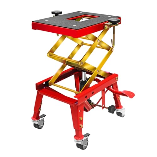 350 Lbs Motorcycle Lift Jack Table, Hydraulic Foot-Operated Scissor Lift Jack for ATV Dirt Bike, Motorcycle Stand with 4 Wheels