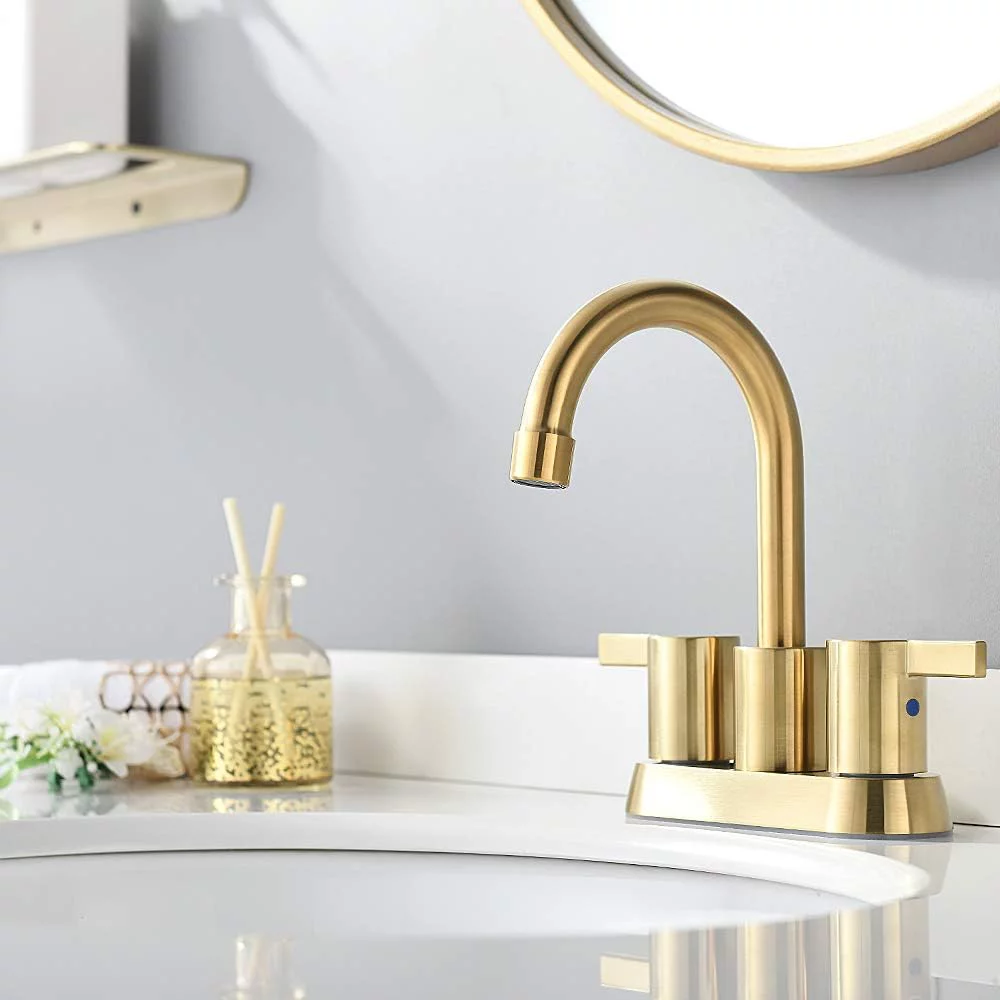 Zovajonia Brushed Gold 4 Inch 2 Handle Centerset Lead-Free Bathroom Faucet, Swivel Spout with Copper Pop Up Drain and 2 Water Supply Lines