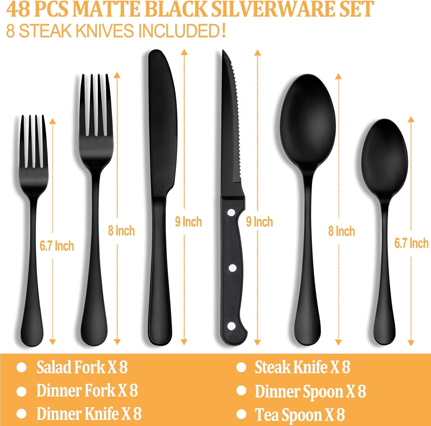 48 Piece Matte Black Silverware Set with Steak Knives, Black Stainless Steel Flatware Cutlery Set for 8, Kitchen Tableware Set, Utensil Sets for Kitchen, Knives Forks Spoon Set, Hand Wash Recommended