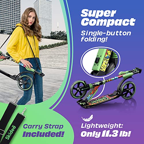 Skidee Adult & Teen Scooter Adjustable Height, Folding, Large Wheels, Lightweight, Durable, Anti-Shock Suspension, Up to 220 lbs
