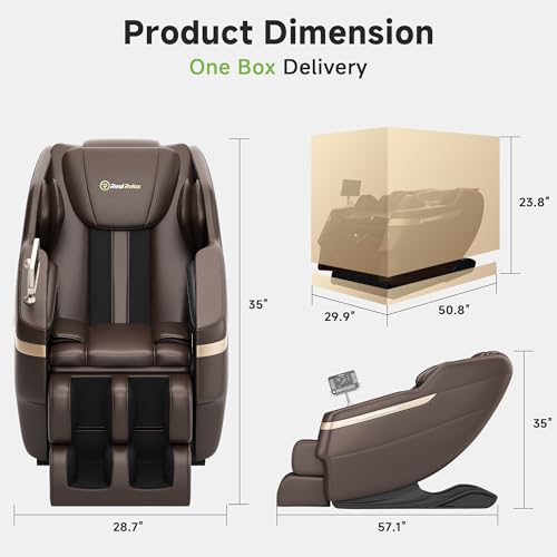Real Relax 2025 Full Body Massage Chair, Zero Gravity Shiatsu Massage Chair Recliner, Waist and Calf Heating, Foot Massage, Bluetooth, Large Control Screen (Brown and Gold)