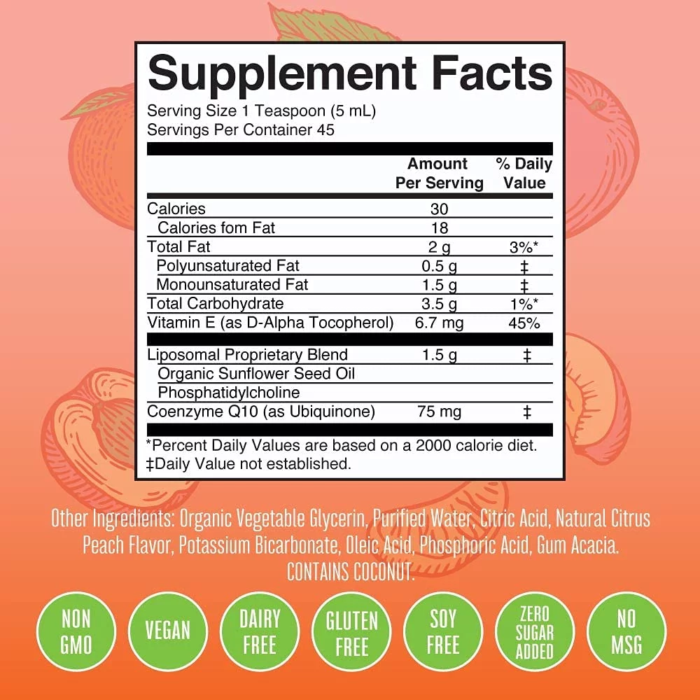 MaryRuth Organics | CoQ10 Liposomal | High Potency Antioxidant and Energy Support | Vegan | Citrus Peach Flavor | 7.6 fl oz / 225 ml