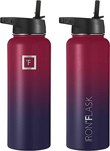 IRON °FLASK Camping & Hiking Hydration Flask with 3 Lids - Stainless Steel, Double Walled & Vacuum Insulated Water Bottle - Leak Proof & BPA Free (Midnight Black, Straw - 40 oz)