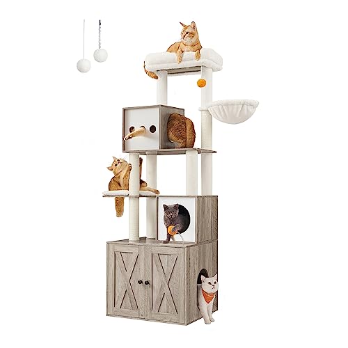 Feandrea Cat Tree with Litter Box Enclosure, 2-in-1 Modern Cat Tower, 70.8-Inch Tall Cat Condo with Scratching Posts, Perch, Caves, Basket, Washable Cushions, Heather Greige UPCT116G01
