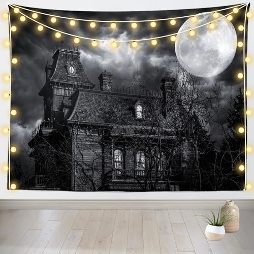 CORFOTO Halloween Scary Castle Tapestry Wall Hanging Fabric 78''Wx117''L Haunted Gothic Mansion Wooden House Spooky Scene Tapestry for Halloween Bedroom Living Room College Dorm Decor