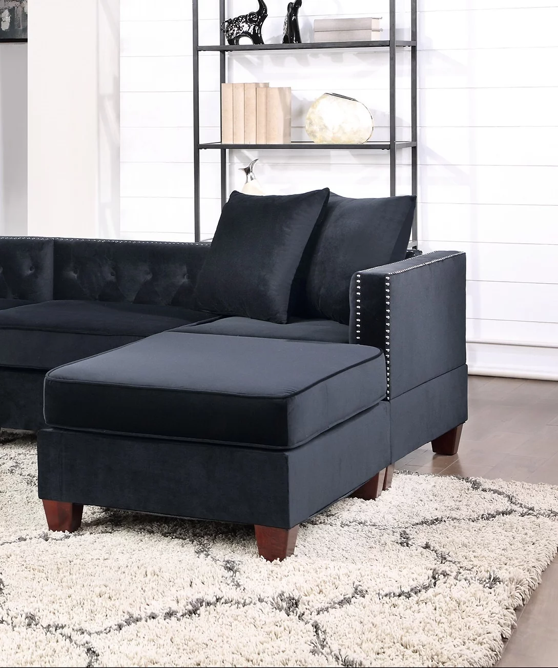 Black Velvet Fabric U-Sectional 4pc Set Reversible L/R Chaise / Loveseats Ottoman Tufted Cushion Couch Pillows Living Room